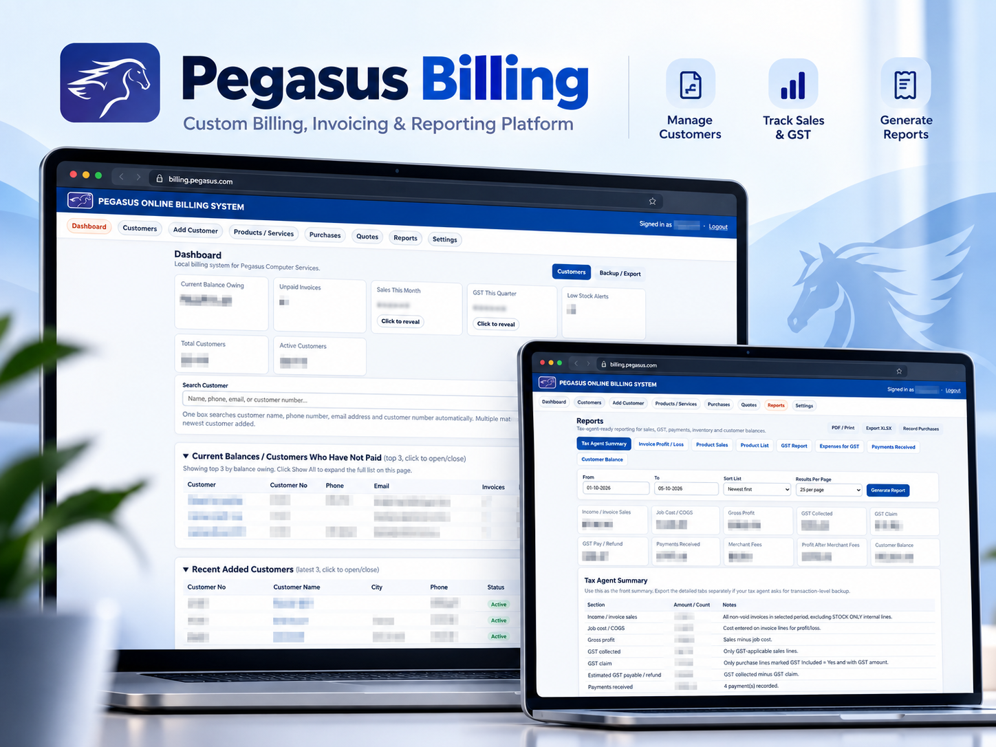 Pegasus Billing project screenshot inside a browser-style frame